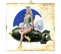 KUSTOM ART Tableau quadrillage style vintage série Pin-up sur bombe. Impression sur bois 23 x 23 cm.