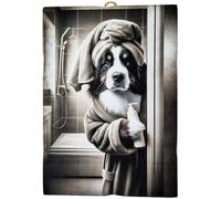 KUSTOM ART Tableau série animaux ameublement toilette chien berger du bernois en peignoir imprimé sur bois 25 x 18 cm