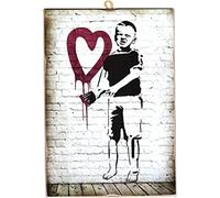 KUSTOM ART Tableau style vintage Banksy enfant peint cœur imprimé sur bois 10 x 15 cm