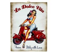 KUSTOM ART Tableau style vintage série Pin-up Souvenir Italie Moto Scooter La Dolce Vita Impression sur bois 25 x 18 cm.