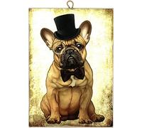 KUSTOM ART Tableau Tableau Style Vintage Série Animaux Chien Bulldog avec le Chapeau Cylindre Impression Sur Bois 25 x 18 cm