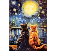 KUSTOM ART Vincent Van Gogh Affiche murale décorative de la série de peintures célèbres Nuit étoilée parodie avec chats sous la lune Impression sur papier couché 40 x 30 cm sans cadre