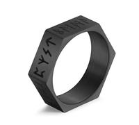 KUTCEK Bague en titane avec runes vikings mystiques - Bijou unisexe nordique hexagonal avec symboles runiques anciens, 11, Acier titane