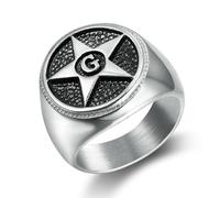 KUTCEK Bague maçonnique en acier inoxydable pour homme - Étoile brillante symbole de la franc-maçonnerie gothique bijoux punk hip hop bague cadeau, 12, Acier titane