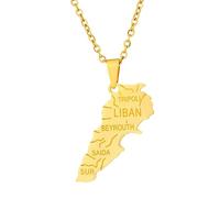 KUTCEK Collier vintage en acier inoxydable émaillé avec pendentif carte du Liban pour couple - Bijou pour homme et femme, Acier inoxydable
