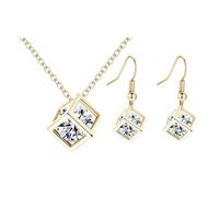 KUTCEK Ensemble collier et boucles d'oreilles avec pendentif en forme de cube en oxyde de zirconium - Cadeau pour femme - Thème de l'amour - Suite assortie, Acier inoxydable