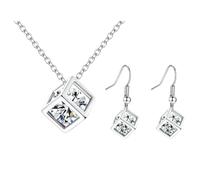 KUTCEK Ensemble collier et boucles d'oreilles avec pendentif en forme de cube en oxyde de zirconium - Cadeau pour femme - Thème de l'amour - Suite assortie, Acier inoxydable