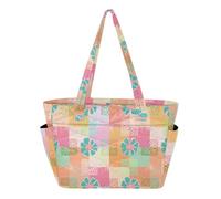 Kutsu Sac fourre-tout matelassé pour femme, motif floral sur carrés avec porte-gobelet, grand sac à main pour infirmière, salle de sport, voyage, travail