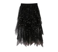 KUUFUUT Jupe en Tulle Élégante À Sequins Jupe Tutu Bouffante Mi-Longue À La Coupe Trapèze Asymétrique Jupe Demi-Robe en Tulle Superposé avec Taille Haute Élastique Style Féerique De Carnaval Noire