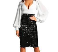 KUUFUUT Jupe Midi À Sequins pour Femme Taille Haute Élastique Moulante Scintillante Style Vintage Idéale pour Un Bal De Promo Un Mariage des Fiançailles Ou Un Cocktail Noire Taille XL.