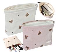 KuuGuu Lot de 2 trousses de maquillage de voyage de grande capacité en velours côtelé avec fermeture éclair - Étui à crayons imperméable et souple pour femme (beige, rose)