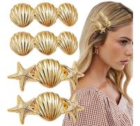 KuuGuu Lot de 4 pinces à cheveux en forme d'étoile de mer dorées en métal et coquillages - Petites barrettes à cheveux antidérapantes - Accessoires pour cheveux de plage pour femmes et filles