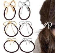 KuuGuu Lot de 6 élastiques à cheveux en métal avec nœud - Tendance et élégant - Accessoires pour cheveux longs et épais - Pour femmes et filles - Doré et argenté