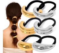 KuuGuu Lot de 6 élastiques à cheveux géométriques en métal - Antidérapants - Brillant - Pour queue de cheval - Élégants - Pour cheveux épais - Accessoires de cheveux pour femme (doré, argenté)