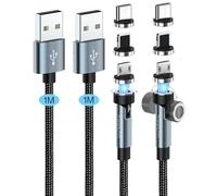 Kuulaa 2 Pièces Câbles USB 3 en 1, Chargeur Magnétique 360° et 180°, Cable USB C Charge Rapide 3A Câble Aimanté et Transfert de Données Nylon 9Pin pour USB C/Micro USB/i-phone - 1m+1m