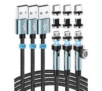 Kuulaa Câble magnétique 3 en 1 [1M+1M+2M], rotatif 360° et 180°, charge rapide 3A et transfert de données pour Micro USB/Type C/iProducts