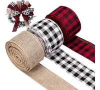 Kuuleyn 3 Rolls Christmas Craft Ribbon for Gift Wrapping,Black Red Plaid Ribbon, Black Red Black White Burlap DIY Bow Materials Gift Wrapping (6CM)