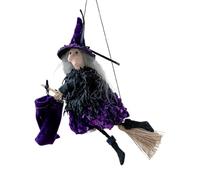 Kuuleyn Halloween Witch Decoration with Broom, Hanging Witch with Magic Broom, Gift Bag, Costume Props for Halloween Scene Decorations (Green)