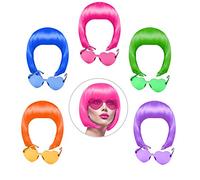 KUUQA 10 Pièces perruques parti et ensemble, lunettes de soleil néon courte perruque bob quotidien de perruque cosplay costume coloré pack fête postiches pour cotillons au néon de bachelorette