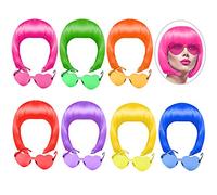KUUQA 14 Pièces perruques parti et Sunglass ensemble, néon court cosplay costume coloré pack perruque bob perruque postiches fête tous les jours pour cotillons au néon de bachelorette