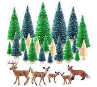 KUUQA 25 Pcs Mini Sisal Arbres Bouteille Brosse Arbres Neige Givre Arbres avec Chiffres Miniatures Animaux des Terres des Cerfs Renard Table Top Artisanat DIY Chambre Décor Mini Village De Noël