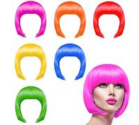 KUUQA 6 Pieces party wigs set, neon short bob wig pack costume colorful cosplay wig daily party hairpieces for bachelorette neon party favors, Halloween and decorations