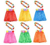 KUUQA 6 Set 12 PCS Hawaiian Herbe Hula Jupe avec Fleur Leis Collier Hawaii Luau Jupes Collier Costume Déguisements pour Enfants Filles Femmes Luau Fête Anniversaire (Couleur Aléatoire)