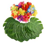 KUUQA 60 Pcs Tropical Party Décoration Fournitures 8" Palmtera de Feuilles et Fleurs d'hibiscus, Feuille de Simulation pour Hawaiian Luau Party Jungle Beach Thème Table décorations