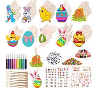 Kuvarix 290 Pièces Bricolage Pâques Enfant, Oeufs de Pâques et Pendentifs en Bois à Peindre, Kit Créatif avec Feutres Aquarelle, Strass, Ficelle et Autocollants, Cadeau Enfant