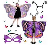 Kuvarix Ailes de Papillon Déguisement Enfant, 3Pcs Kit de Deguisement de Fée Papillon, Ailes de Papillon pour Fille avec Masques pour les Yeux Bandeau, pour Les Yeux, Halloween Noël Carnaval Cosplay