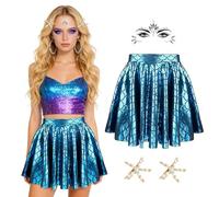 Kuvarix Costume de Sirène Femme, Femme Costume Sirène Set, Bleu Jupe Sirène Brillante +2 Barrette Étoile de Mer+Tatouage Gemme de Visage, pour Carnaval, Accessoires de Déguisement Soirées à Thème