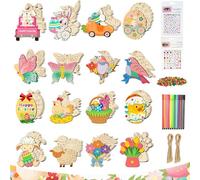 Kuvarix Décoration Pâques en Bois, Kit de Bricolage de Pâques, 48 Pièces Décorations de Printemps en Bois à Peindre, Comprend des Crayons Aquarelle, Strass, de la Corde Décorative Clochettes