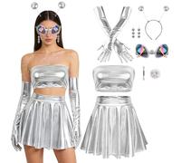 Kuvarix Deguisement Alien Femme, 6 Pièces Costume Alien Comprenant Ensemble Femme Métallisé, Bandeau, Lunettes, Boucles d'oreilles, et Gants, pour Carnaval, Cosplay, Fête à Thème