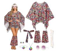 Kuvarix Deguisement Hippie Femme, 8 Pièces Déguisement Année 70 avec Poncho, Collier, Boucles d'Oreilles, Bandeau, Lunettes de Soleil, pour Cosplay Carnaval Bal Masqué (A)