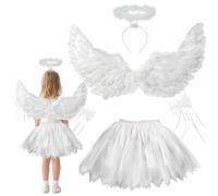 KUWUNG Deguisement Ange Enfant, Ange Deguisement avec Ailes d'ange, Jupe Tutu, Halo et Baguette Magique, Déguisement Ange Fille pour Halloween, Carnaval, Fête Costumée