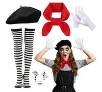 KUWUNG Pantomime Costume de carnaval Pierrot pour femme avec béret, bas, écharpe, gants et tatouage du visage, costume d'arlequin pour carnaval, cosplay, fête