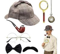 Kuwung Set de 7 Pièces Costume de Détective, Accessoires Sherlock Holmes avec Chapeau, Lunettes Métalliques, Loupe, Nœud Papillon, Barbe, pour Enfants et Adultes