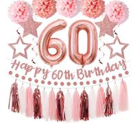 Kuxriox Lot de 13 décorations de 60e anniversaire pour filles, bannière et ballons « Happy 60th Birthday » - Pompons pailletés en tissu pour anniversaire de 60 ans, guirlande à pois et cercles