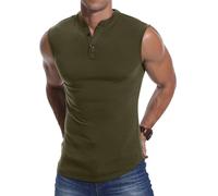 KUYIGO Camiseta Deportiva Sin Mangas Henley Para Hombre, Camiseta Deportiva Ajustada Para Correr, Ejercito Verde, L