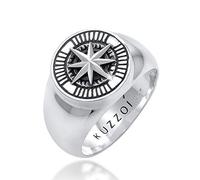 Kuzzoi Bague chevalière pour homme ronde, massif 15 mm de large en argent sterling 925, noir oxydé avec symbole de boussole, bague pour hommes de taille 60 - 66, 0605832820, 62, Argent sterling