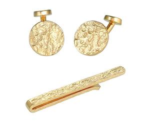 Kuzzoi Boutons de manchette en forme de pièce et pince à cravate pour homme - Style martelé - Accessoires pour homme en argent sterling 925 plaqué or