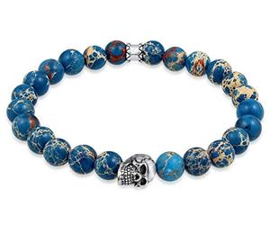 Kuzzoi Bracelet Bouddha pour homme avec perles d'agate bleue et tête de mort en argent sterling 925, bracelet de yoga, bracelet énergétique