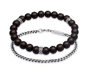 Kuzzoi Bracelet Bouddha pour homme composé d'un bracelet élastique en onyx avec perles en argent et d'un bracelet gourmette en argent sterling 925 oxydé, longueur 19-21 cm, 0205411820, 21 centimeters,