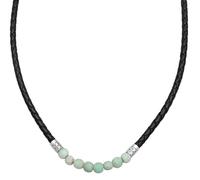 Kuzzoi Collier en cuir pour homme avec perles de verre vert clair (10 mm) et perles en argent sterling 925 massif, chaîne en cuir de vachette tressé, longueur 50 cm, Cuir