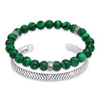 Kuzzoi Ensemble de bracelets Bouddha pour homme composé d'un bracelet élastique en pierre précieuse malachite avec perles en argent et d'un bracelet ouvert en argent sterling 925 oxydé, longueur 19-21