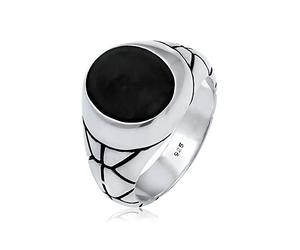 Kuzzoi Signet Anneau ovale émail noir, solide 13 mm de large en argent 925, bague en argent oxydé noir décoré 62