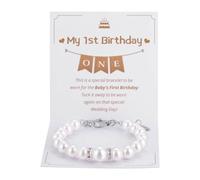Kvekstio Bracelet de perles pour premier anniversaire de 1 an, fille, petite-fille, nièce, bijou « Happy 1st Birthday » - Bracelet réglable en perles blanches - Cadeau pour un âge de 1 an - Taille M