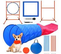 Kvittra Ensemble d'équipement de dressage d'agilité pour chien, terrain d'agilité pour chien, kit de jeu de parcours d'obstacles pour chien avec 2 sauts pour chiens, haie, tunnel aveugle et tunnel standard et poteaux tissés pour jeux d'intérieur et d'extérieur