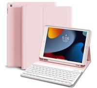 KVTVOU Étui Clavier pour iPad 9e/8e/7e Génération 10,2 pouces Connexion Bluetooth sans fil Rechargeable Clavier OWERTZ amovible, Porte-stylo intégré, Rose