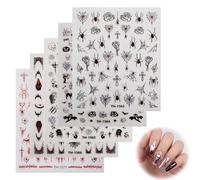 KVWIBP 5 Feuilles Autocollants Ongles Halloween, Stickers Nail Art 3D Auto-Adhésifs, Décoration d'Ongles Motifs Araignée et Tête de Mort Noir et Rouge, Accessoires de Manucure pour Fête